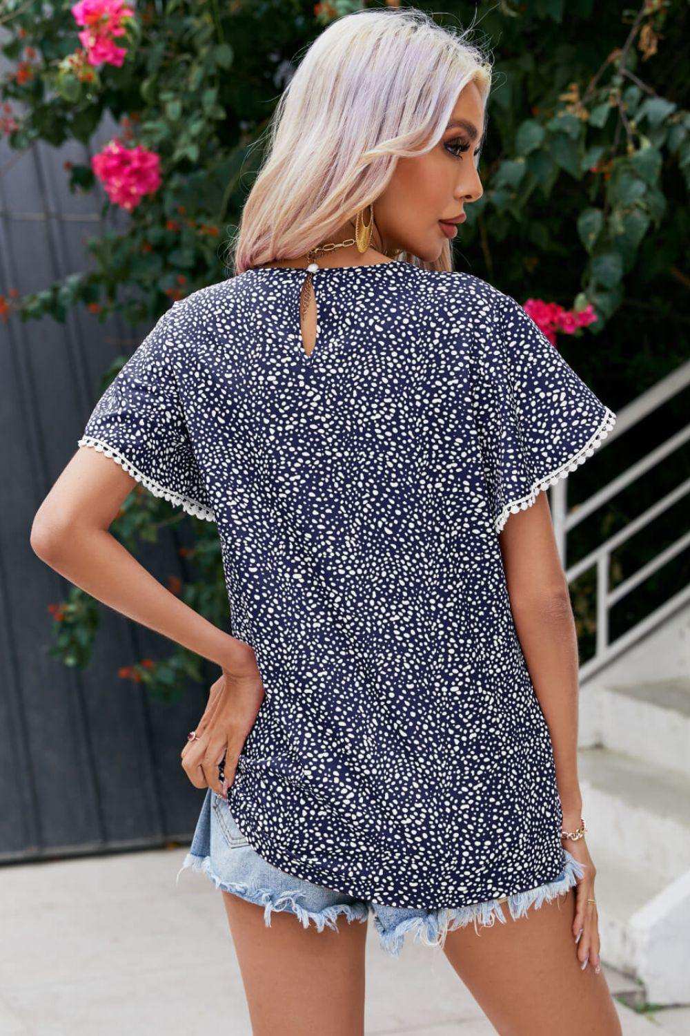 Printed Pom Pom Detail Petal Sleeve Blouse - Trendsi - Flyclothing LLC