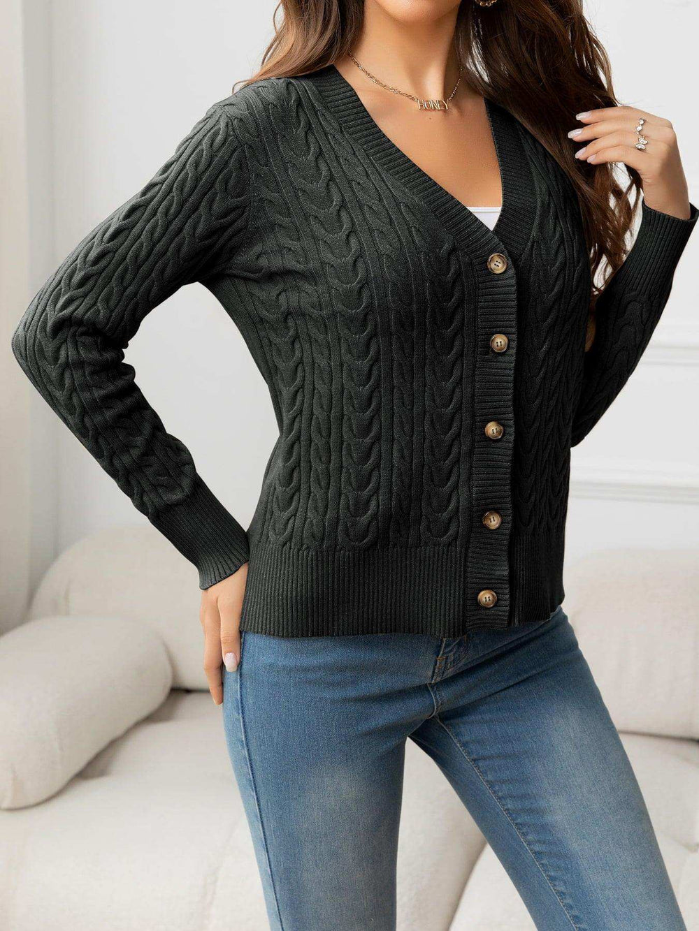 V-Neck Long Sleeve Cable-Knit Buttoned Knit Top - Trendsi - Flyclothing LLC