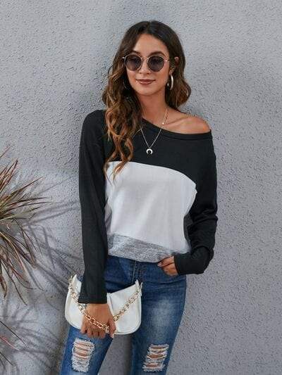 Color Block Round Neck Long Sleeve T-Shirt - Trendsi - Flyclothing LLC
