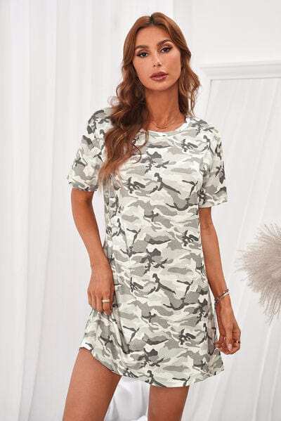 Camouflage Round Neck Short Sleeve Dress - Trendsi - Flyclothing LLC