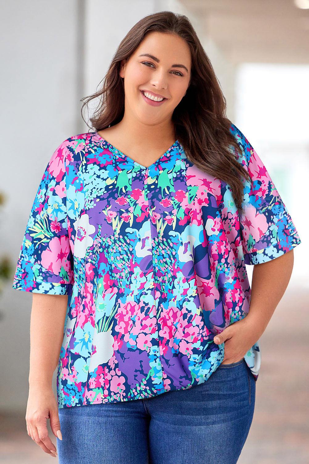 Floral Center Seam V-Neck Blouse - Trendsi