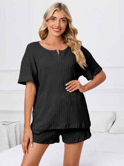 Notched Short Sleeve and Shorts Lounge Set - Trendsi