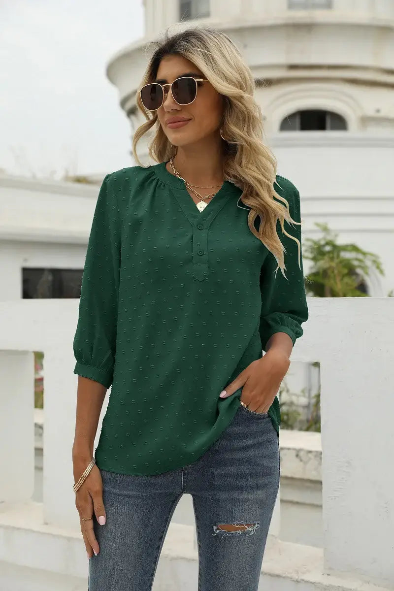 Swiss Dot Notched Neck Three-Quarter Sleeve Blouse - Trendsi - Flyclothing LLC
