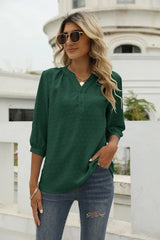 Swiss Dot Notched Neck Three-Quarter Sleeve Blouse - Trendsi - Flyclothing LLC