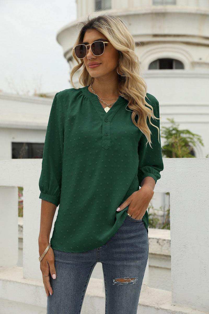 Swiss Dot Notched Neck Three-Quarter Sleeve Blouse - Trendsi - Flyclothing LLC