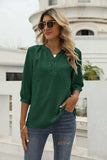 Swiss Dot Notched Neck Three-Quarter Sleeve Blouse - Trendsi - Flyclothing LLC
