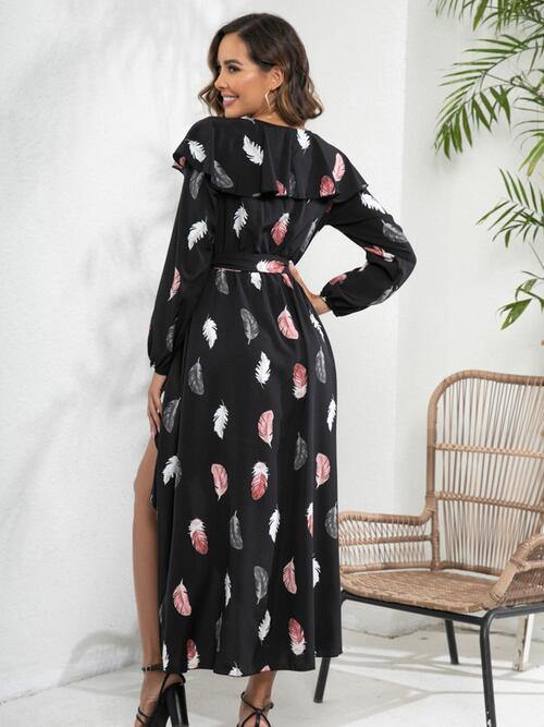 Printed Tie Front Ruffle Trim Long Sleeve Dress - Trendsi