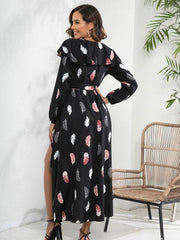 Printed Tie Front Ruffle Trim Long Sleeve Dress - Trendsi