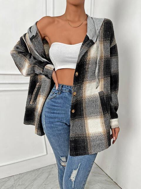 Plaid Drawstring Hooded Jacket - Trendsi