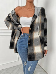 Plaid Drawstring Hooded Jacket - Trendsi