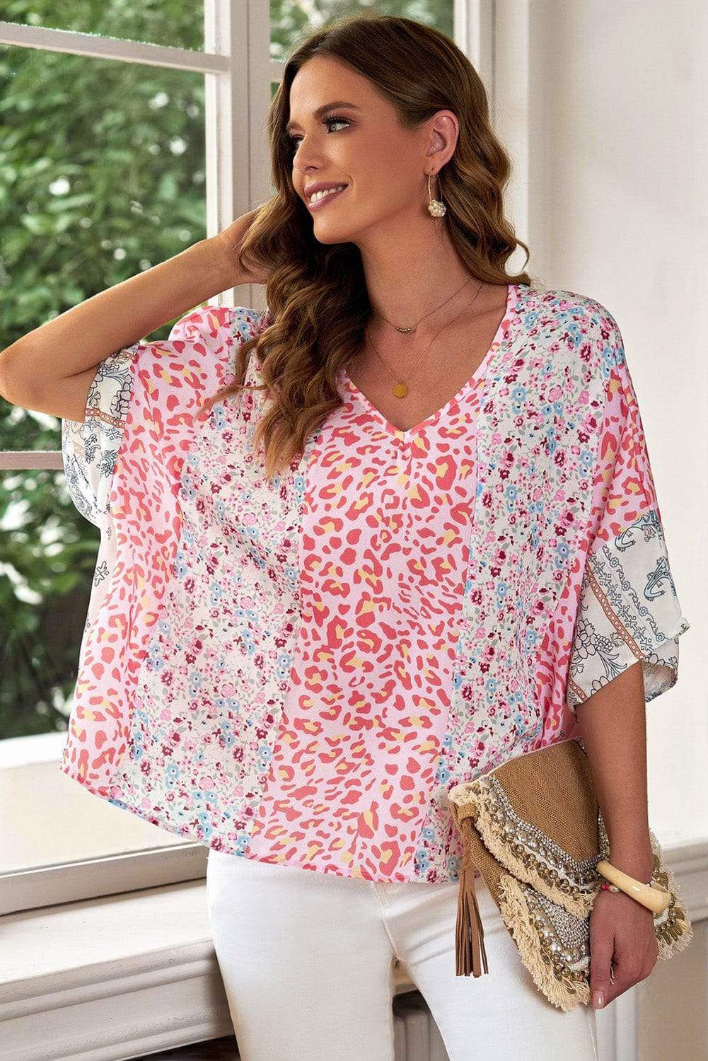 Mixed Print V-Neck Blouse - Trendsi - Flyclothing LLC
