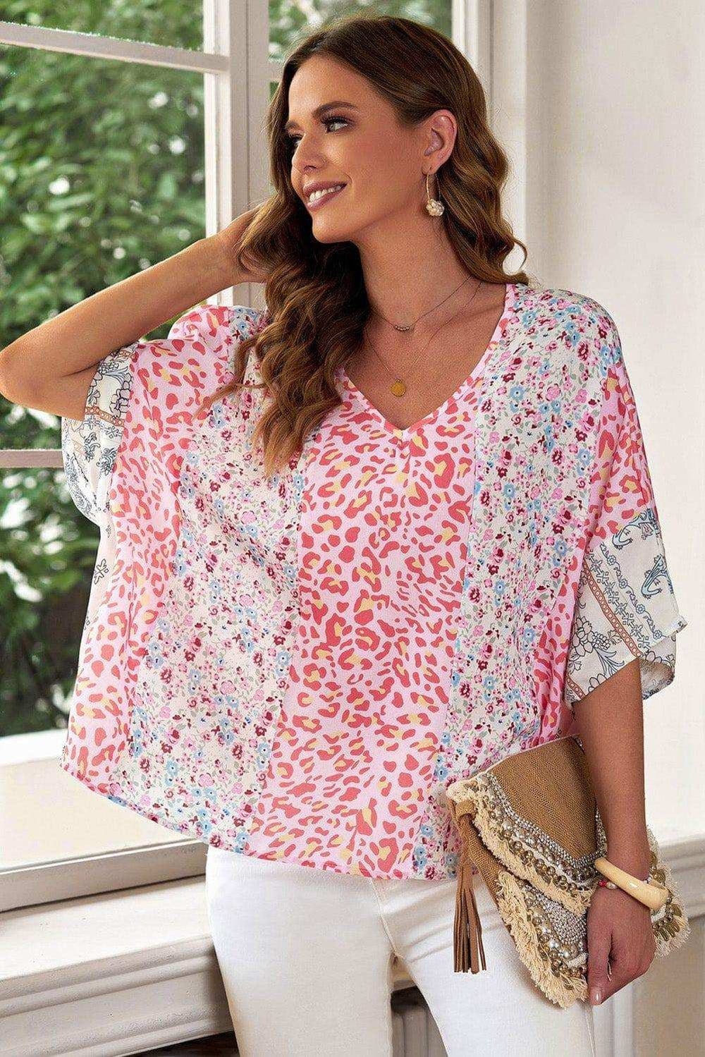 Mixed Print V-Neck Blouse - Trendsi - Flyclothing LLC
