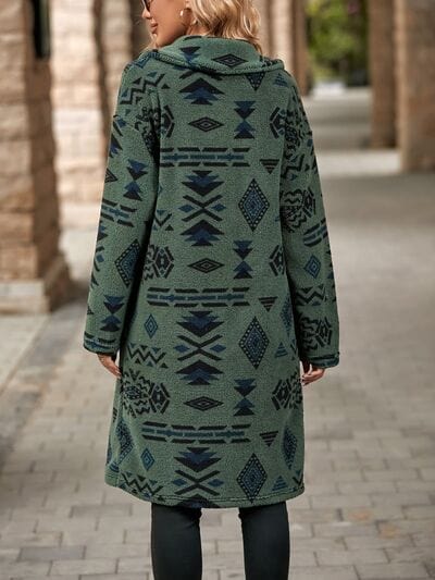 Geometric Pocketed Dropped Shoulder Coat - Trendsi