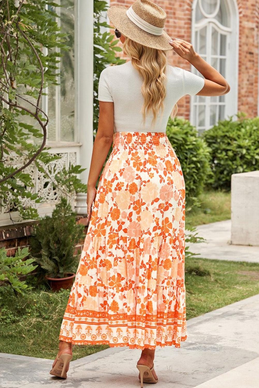 Floral Smocked Tiered Maxi Skirt - Flyclothing LLC