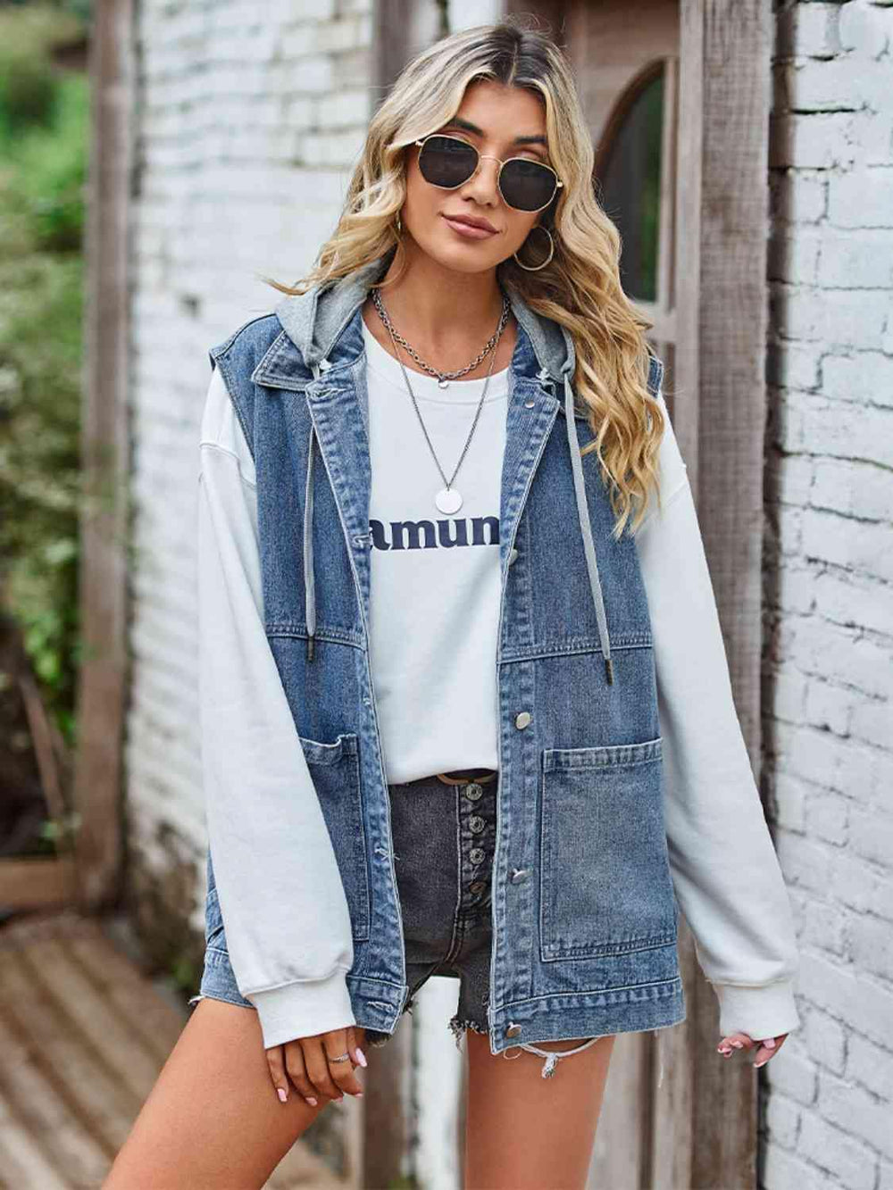 Button Up Sleeveless Denim Jacket with Pockets - Trendsi