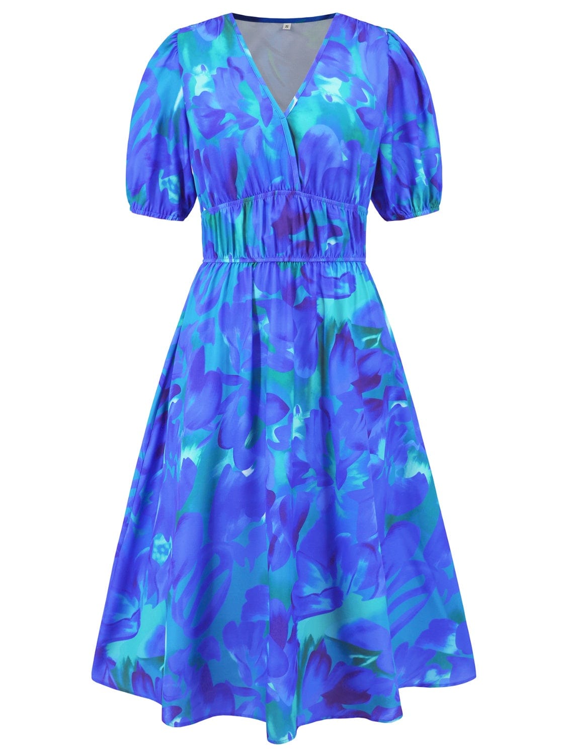 Ruched Printed Surplice Short Sleeve Dress - Trendsi