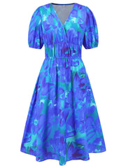 Ruched Printed Surplice Short Sleeve Dress - Trendsi