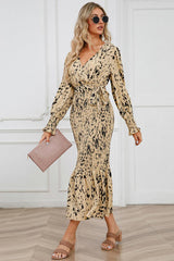 Printed V-Neck Smocked Midi Dress - Trendsi