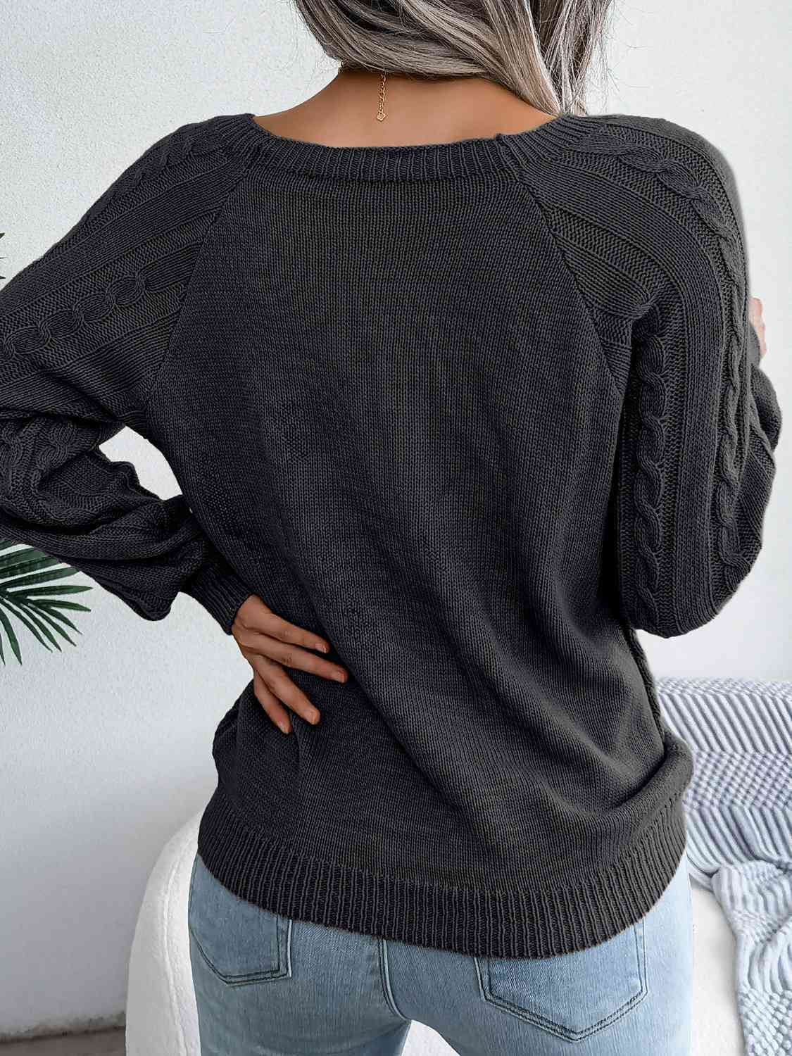 Decorative Button Cable-Knit Sweater - Trendsi - Flyclothing LLC