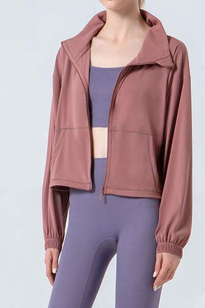 Drawstring Zip Up Dropped Shoulder Active Outerwear - Trendsi - Flyclothing LLC
