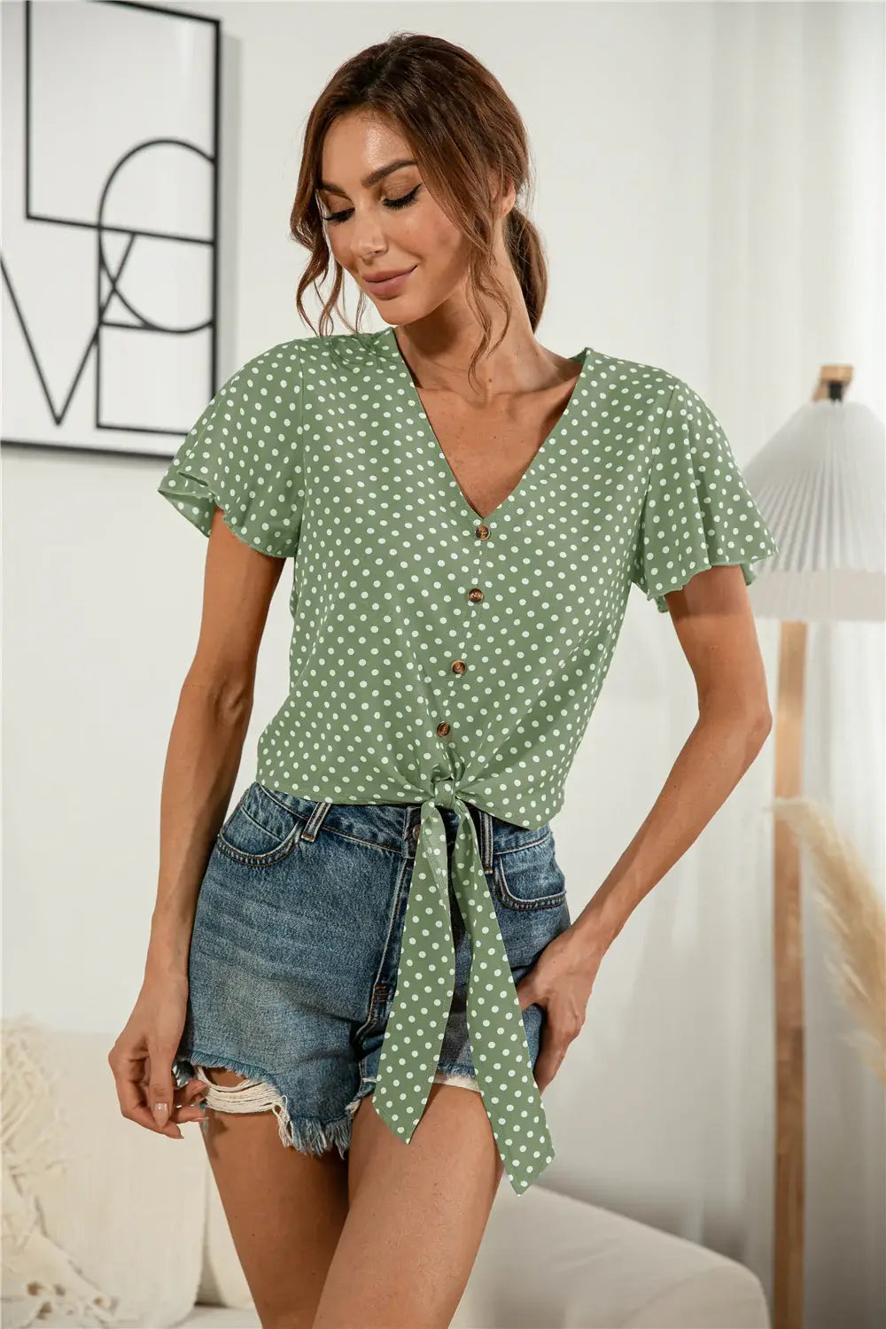 Decorative Button V-Neck Tied Blouse - Trendsi - Flyclothing LLC