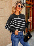 Round Neck Striped Lantern Sleeve Sweater - Trendsi - Flyclothing LLC