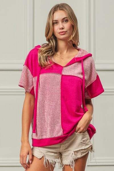 BiBi Color Block Exposed Seam Short Sleeve Hooded Top - Trendsi - Flyclothing LLC