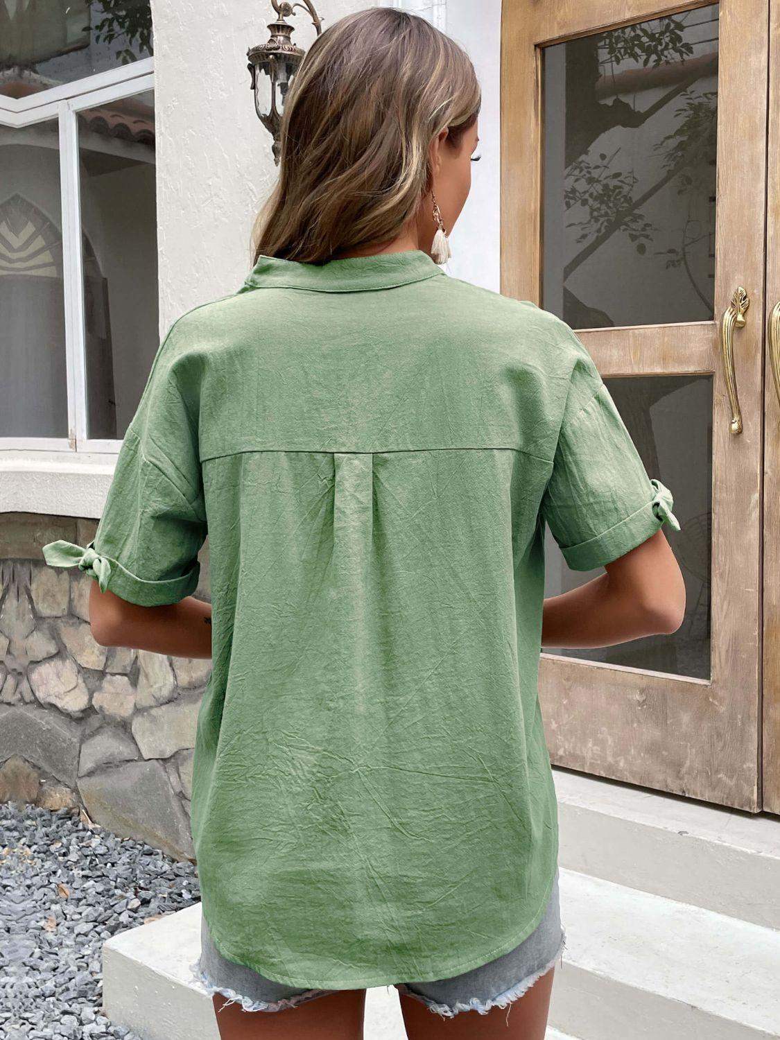Buttoned Notched Neck Cuffed Sleeve Blouse - Trendsi - Flyclothing LLC