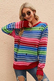 Striped Distressed Cutout Round Neck Sweater - Trendsi