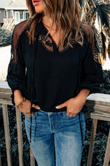 Embroidered Tie-Neck Puff Sleeve Blouse - Trendsi - Flyclothing LLC