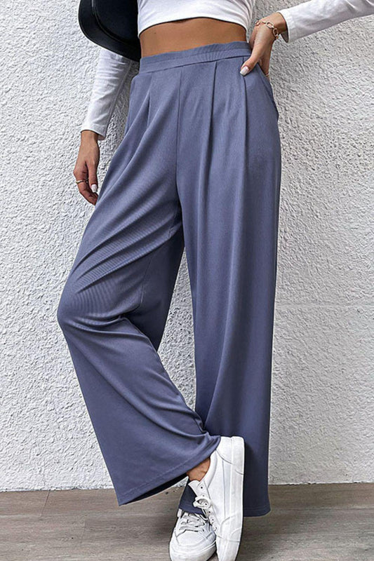 Pleated Detail Wide-Leg Pants with Pockets - Trendsi