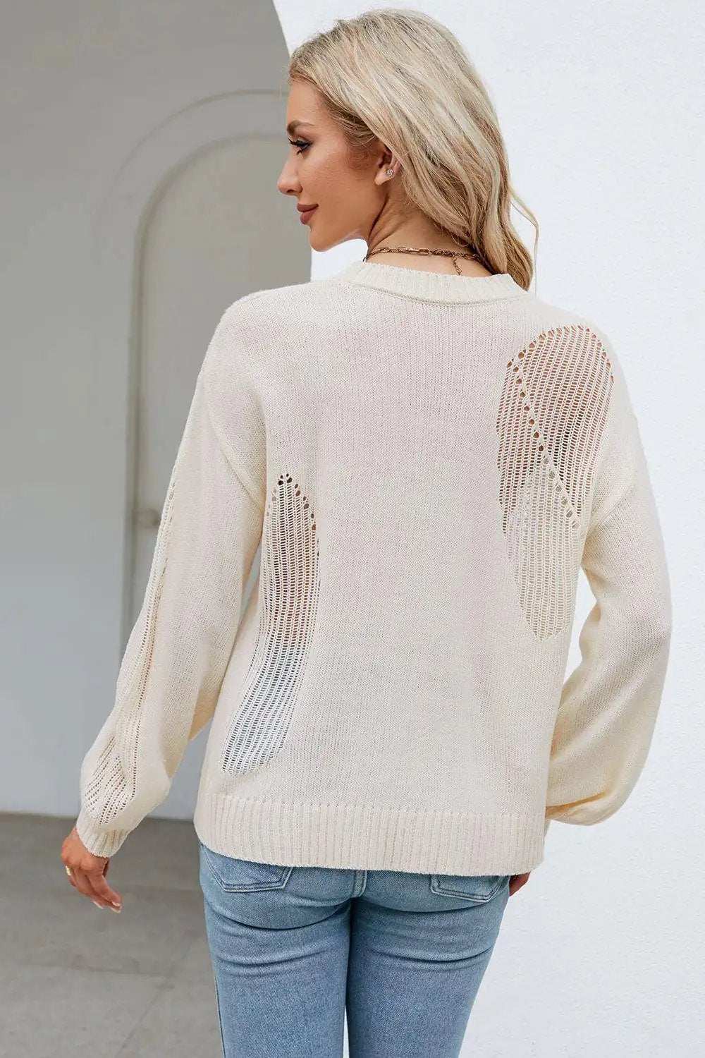 Openwork Round Neck Dropped Shoulder Knit Top - Trendsi - Flyclothing LLC