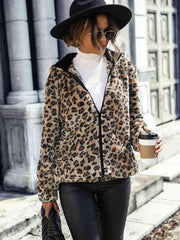 Leopard Zip-Up Hooded Jacket - Trendsi