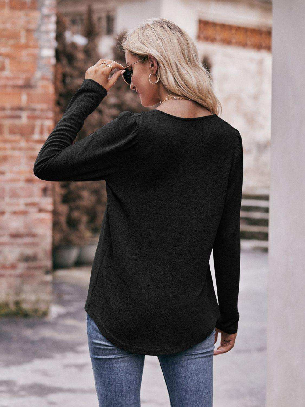 Pleated Detail Curved Hem Long Sleeve Top - Trendsi - Flyclothing LLC