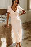 Ruched V-Neck Short Sleeve Dress - Trendsi - Flyclothing LLC