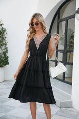 Contrast V-Neck Sleeveless Tiered Dress - Trendsi - Flyclothing LLC