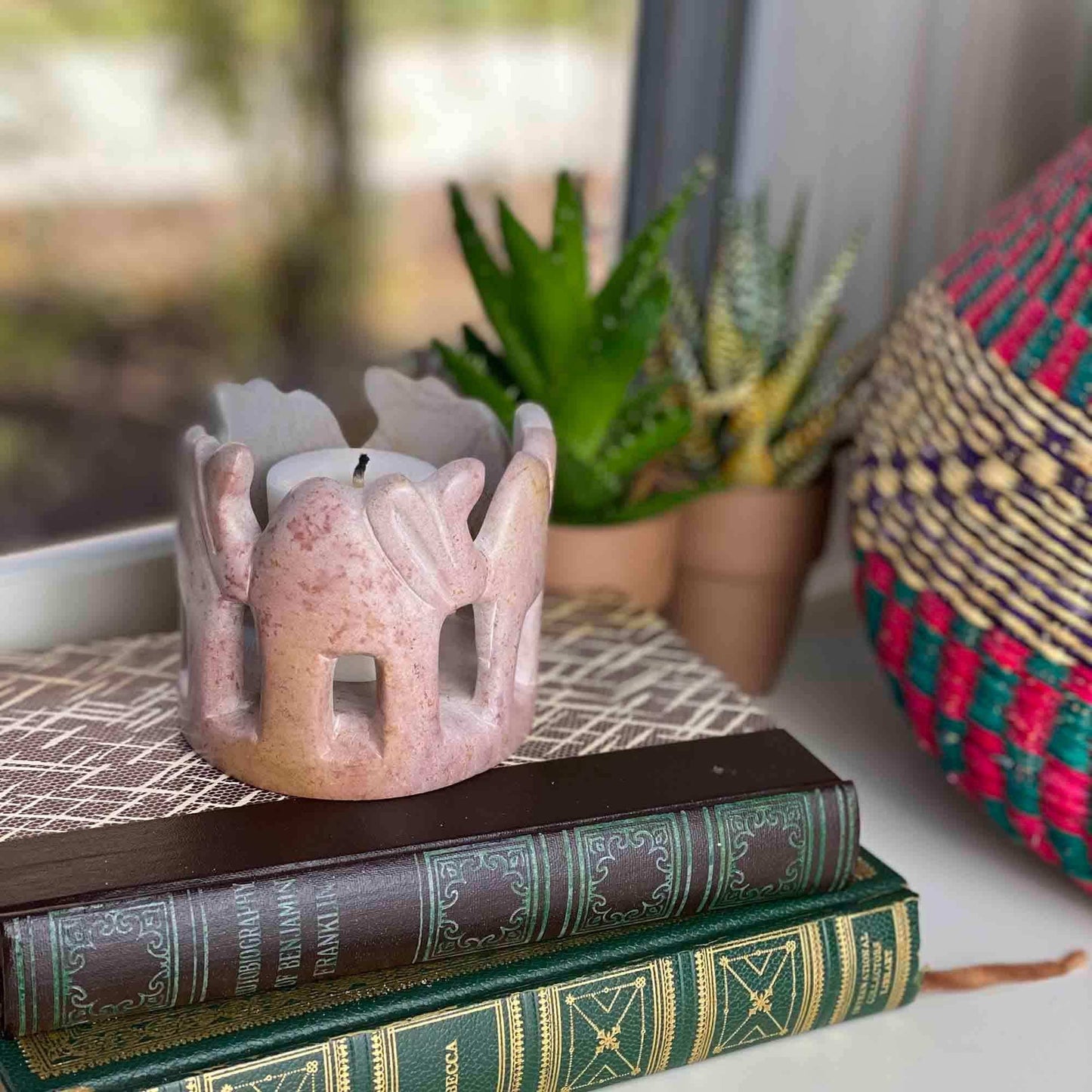 Circle of Elephants Soapstone Sculpture, 3 to 3.5-inch - Light Natural Stone - SMOLArt - Flyclothing LLC