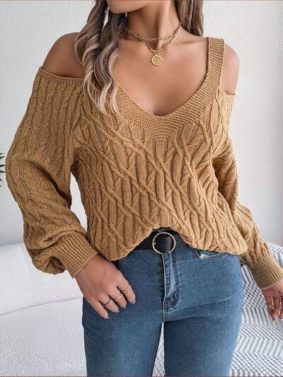 Cable-Knit Cold Shoulder Long Sleeve Sweater - Trendsi