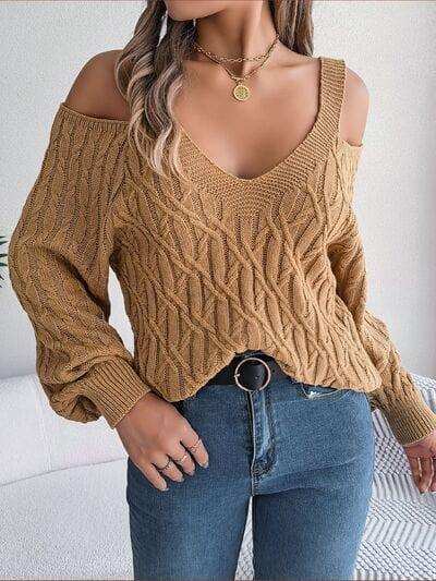 Cable-Knit Cold Shoulder Long Sleeve Sweater - Trendsi - Flyclothing LLC