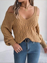 Cable-Knit Cold Shoulder Long Sleeve Sweater - Trendsi