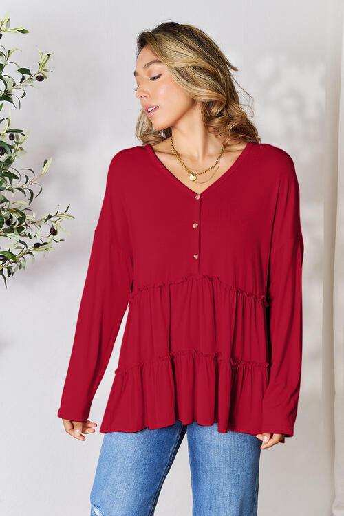 Double Take Half Button Long Sleeve Ruffle Hem Blouse - Trendsi - Flyclothing LLC