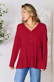 Double Take Half Button Long Sleeve Ruffle Hem Blouse - Trendsi - Flyclothing LLC