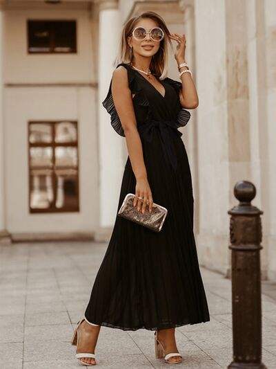 Tied Surplice Cap Sleeve Pleated Dress - Trendsi - Flyclothing LLC