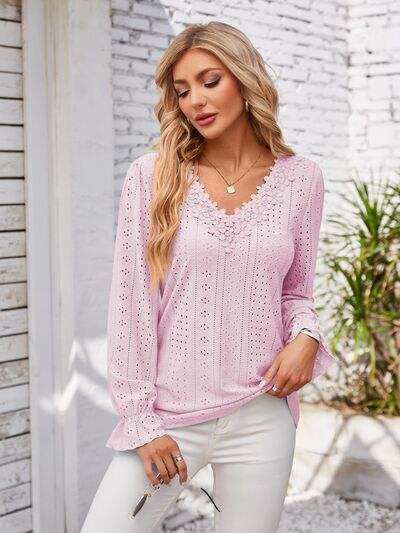 Applique V-Neck Flounce Sleeve T-Shirt - Trendsi - Flyclothing LLC