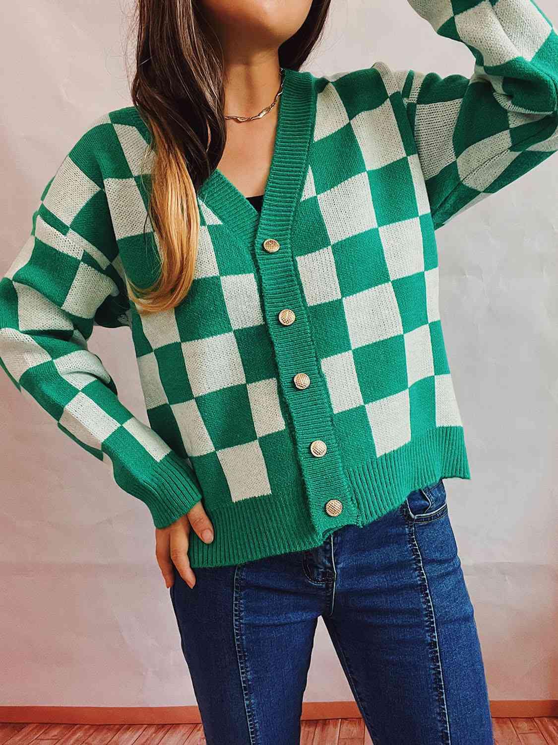 Checkered Open Front Button Up Cardigan - Trendsi