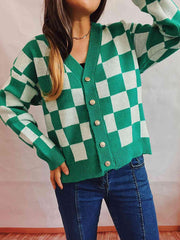 Checkered Open Front Button Up Cardigan - Trendsi
