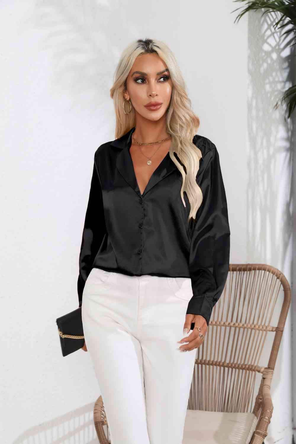 Lapel Collar Button Up Long Sleeve Shirt - Trendsi - Flyclothing LLC