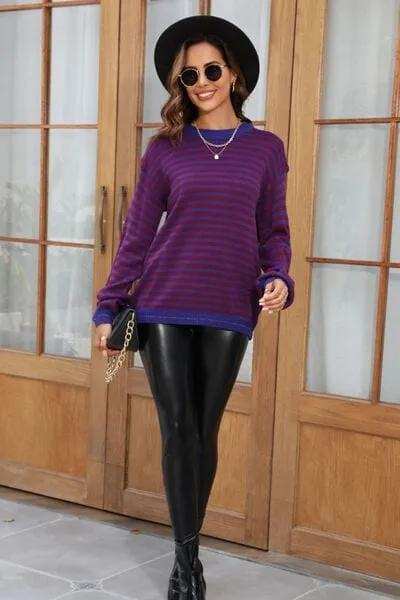 Striped Round Neck Dropped Shoulder Sweater - Trendsi - Flyclothing LLC