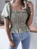 Frill Smocked Square Neck Short Sleeve Blouse - Trendsi - Flyclothing LLC