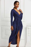 High-low Ruched Surplice Long Sleeve Dress - Trendsi - Flyclothing LLC